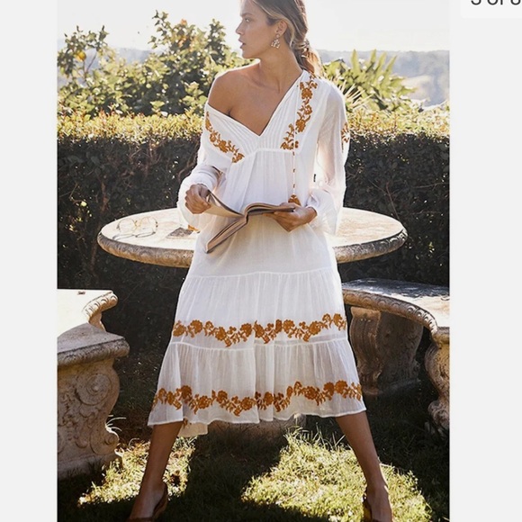 Anthropologie Mo Huan Yi Chu V-Neck Embroidered Boho MIDI Dress Size Large - Picture 3 of 8